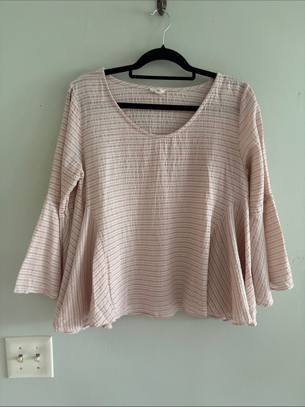 POL Soft Blush Striped Peplum Tunic Top with Flared Sleeves S